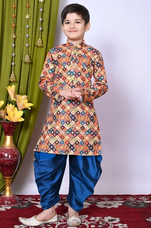 Cotton Blend Printed Kurta with Dhoti for Boys, Multicolor (6-7 Years)