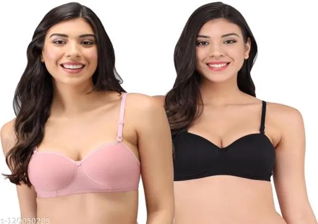 Cotton Blend Solid Padded Bra for Women (Pink & Black, 36B) (Pack of 2)