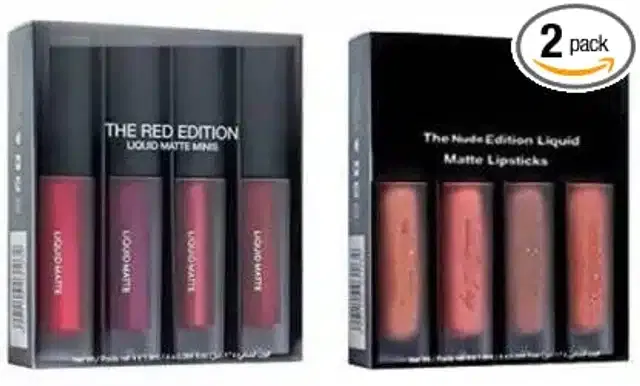 Liquid Matte Lipsticks Set (Pack of 8, Nude & Red)