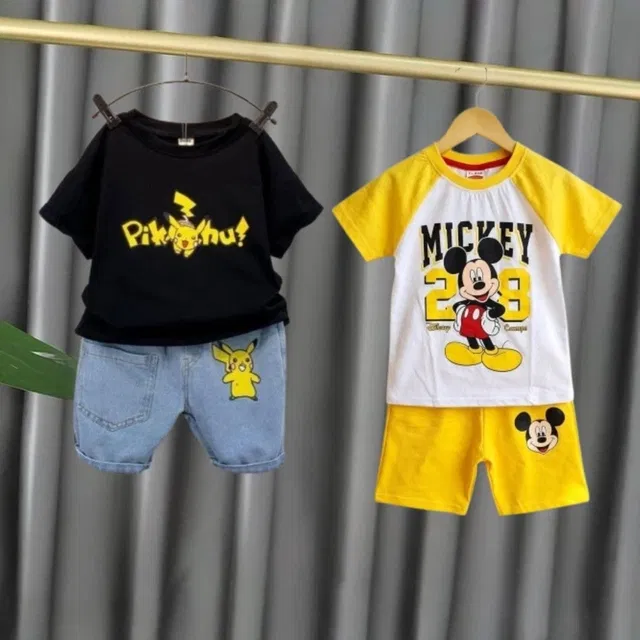 Pikachu Printed T-Shirt & Denim Shorts Set for Boys, Pack of 2 (Black, 2 - 3 Years)