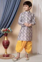 Dupion Silk Printed Kurta with Dhoti for Boys, Multicolor 
