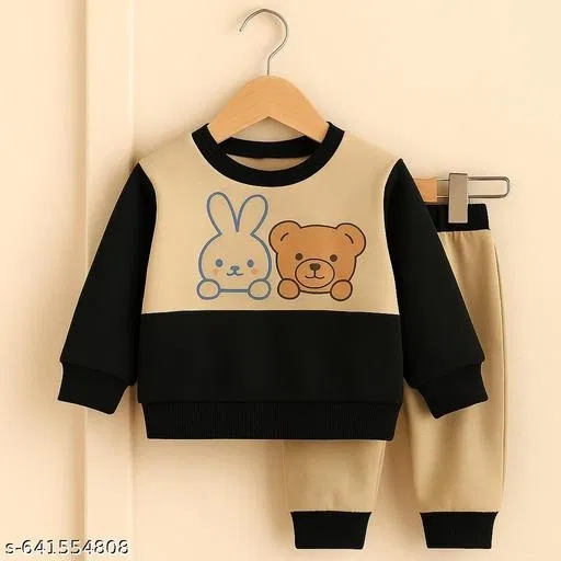Hosiery Cotton Printed Clothing Set for Kids, Black & Beige (8-9 Years)