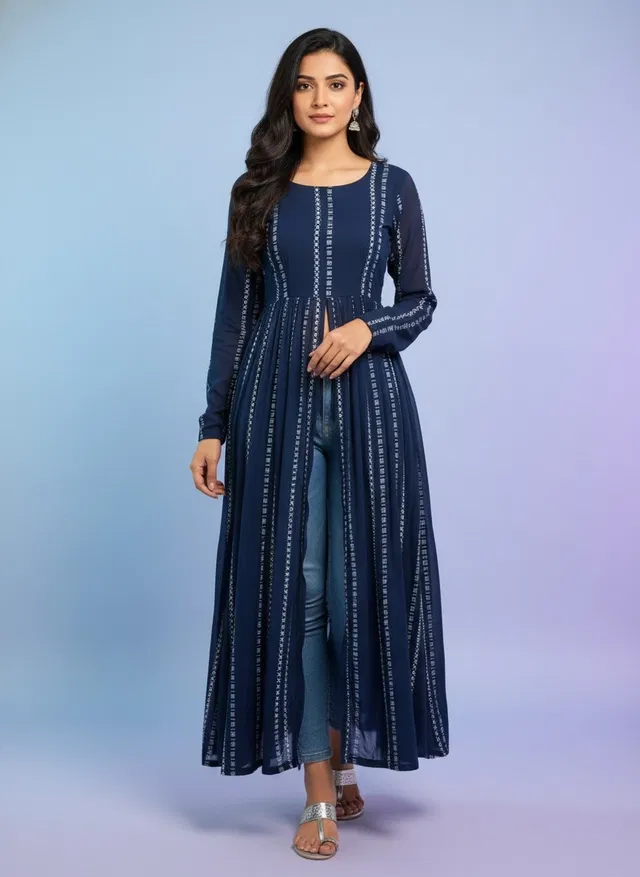 Stripe Naira Cut Kurti for Women (Blue, L)
