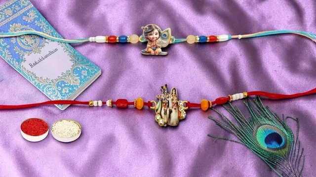 Metal Radha Krishna Ladoo Gopal Rakhi (Multicolor, Pack of 2)