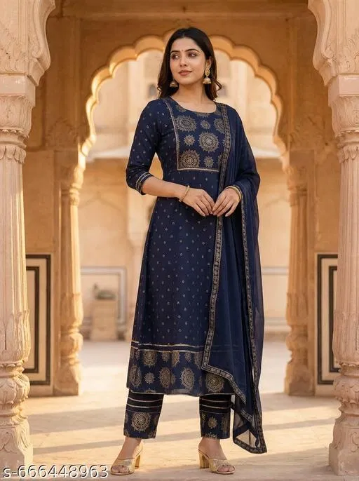 Printed Rayon Kurta Set for Women (Blue, XXL)