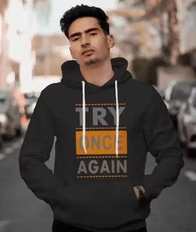 Try Once Printed Fleece Hoodie for Men, Black (XL)