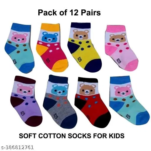 Cotton Socks for Kids (Multicolor, 0-3 Months) (Set of 12)