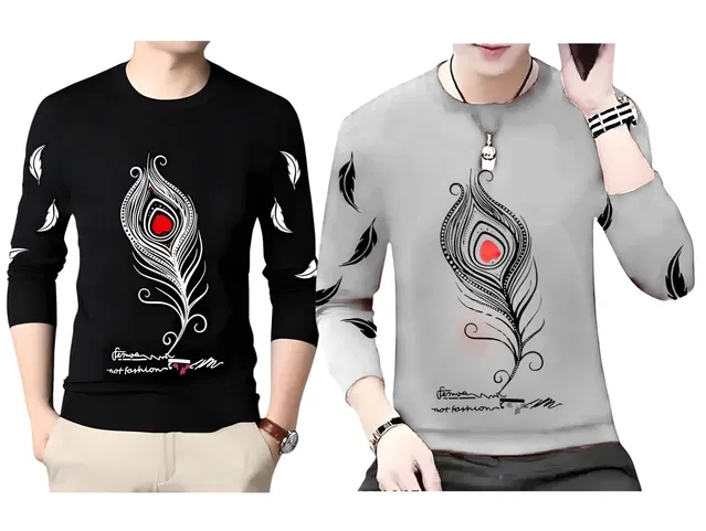 Round Neck Printed T-Shirt for Men (Black & Grey, S) (Pack of 2)