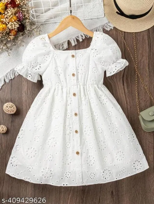 Cotton Frock for Girls (White, 6-12 Months)