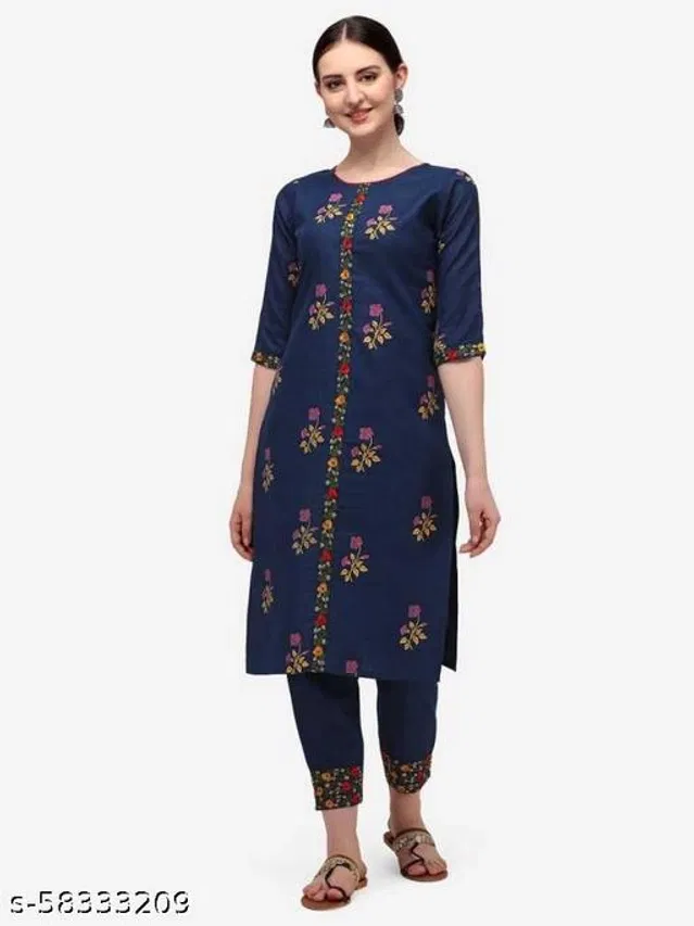 Cotton Silk Embroidered Kurta with Pant for Women (Navy Blue, XXL)