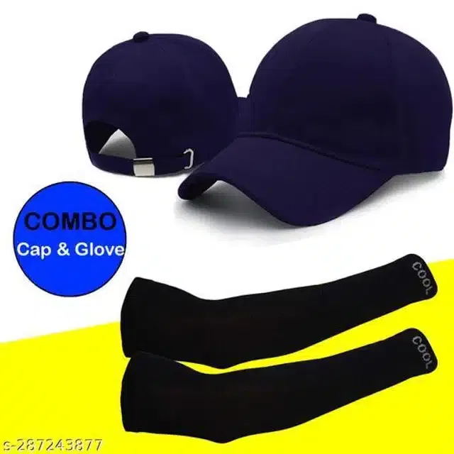 Cotton Arm Sleeves & Cap for Men & Women (Black & Navy Blue, Set of 2)