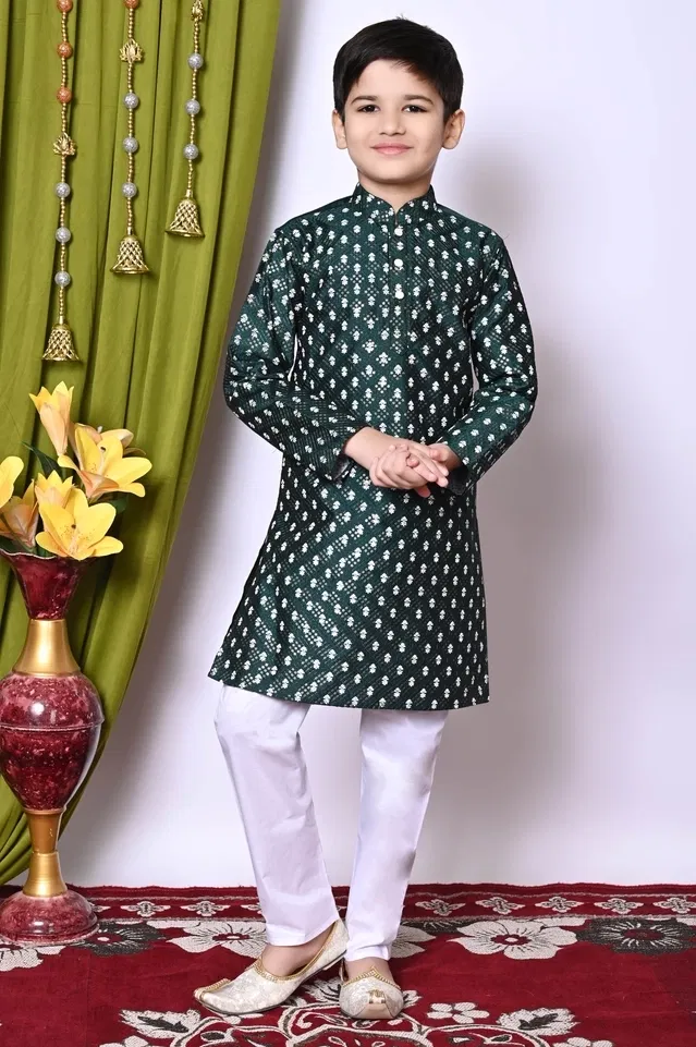 Dupion Silk Printed Kurta with Payjama for Boys, Bottle Green & White (3-4 Years)