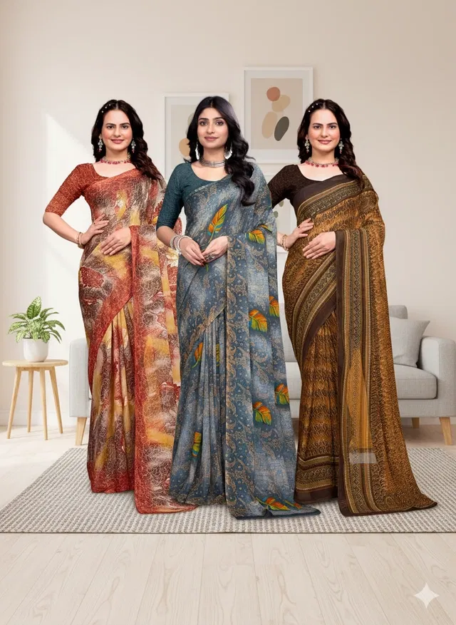 Georgette Printed Saree for Women, Multicolor, Pack of 3 (6.3 m)