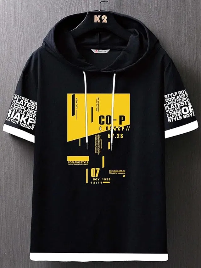 Half Sleeves Printed Hoodie for Men (Black, XL)