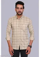 Cotton Blend Checked Shirt for Men, Cream 