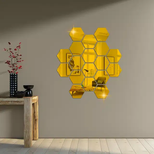 Acrylic Hexagon Shaped Wall Mirror Stickers (Gold, Pack of 18)