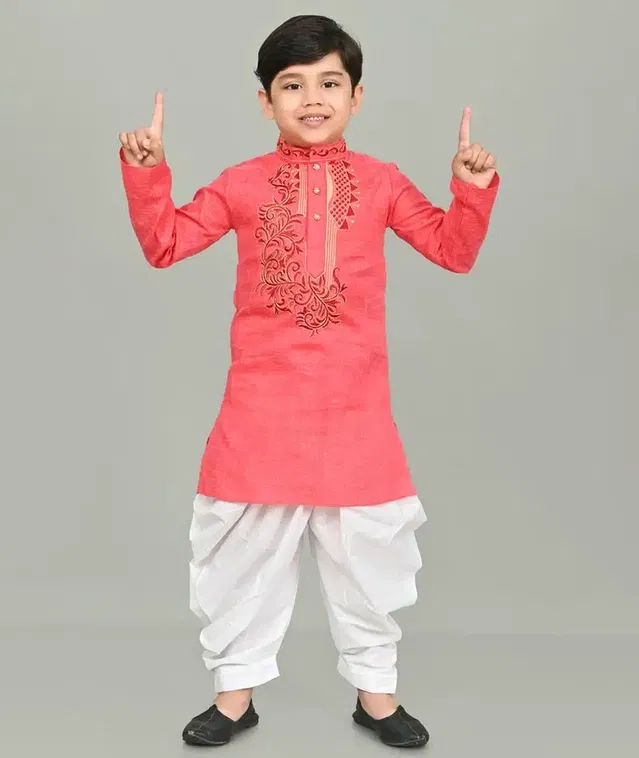 Cotton Embroidered Kurta with Patiyala Set for Boys (Orange & White, 5-6 Years)