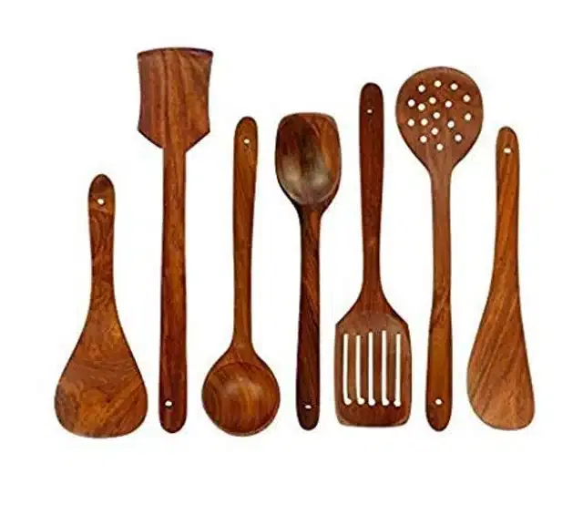 Serving and Cooking Spoon Spatula Set (Brown, Set of 7)