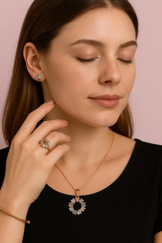Rose Gold Plated Fashion Pendant Set for Women (Earrings, Necklace, Bracelet & Ring)