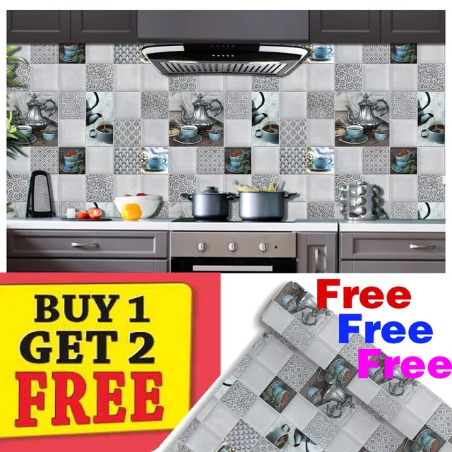 Vinyl Waterproof Wallpaper Roll for Kitchen Wall (Multicolor, 1 m) (Pack of 3)