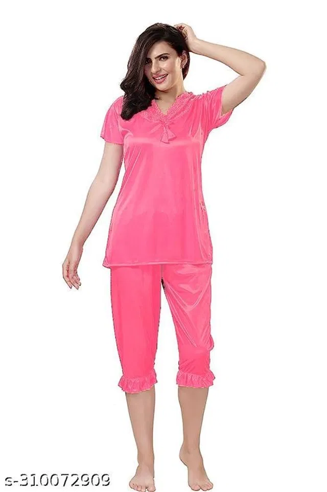 Satin Nightsuit Set for Women (Pink, M)
