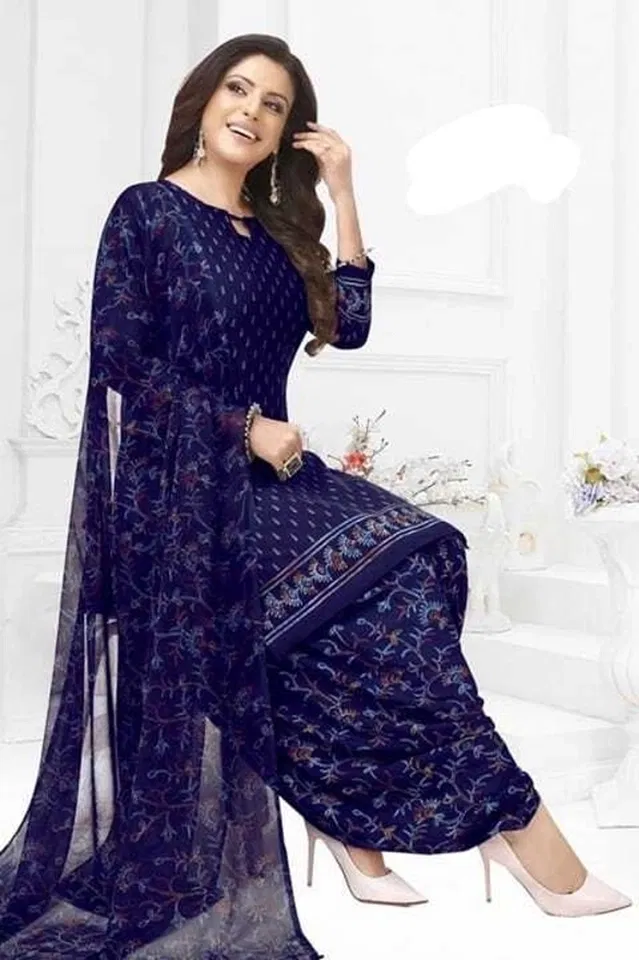 Crepe Printed Unstitched Suits Fabric for Women (Blue)