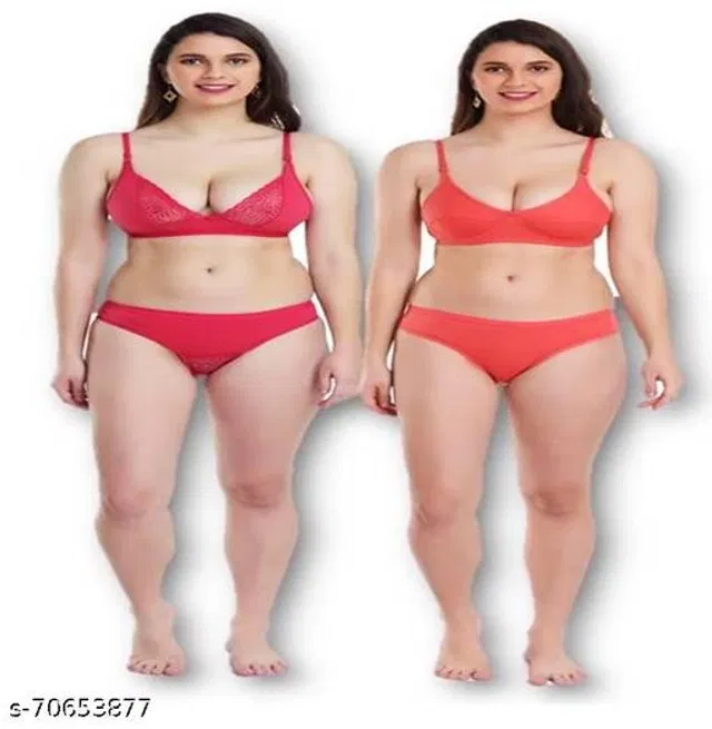 Cotton Blend Solid Lingerie Set for Women (Multicolor, 32A) (Pack of 2)