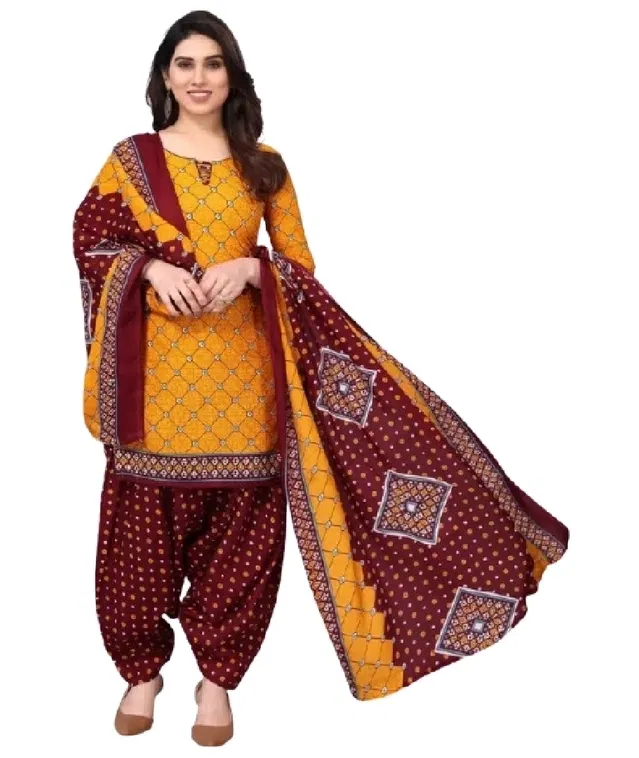 Cotton Blend Printed Unstitched Suit with Dupatta for Women, Yellow(9)