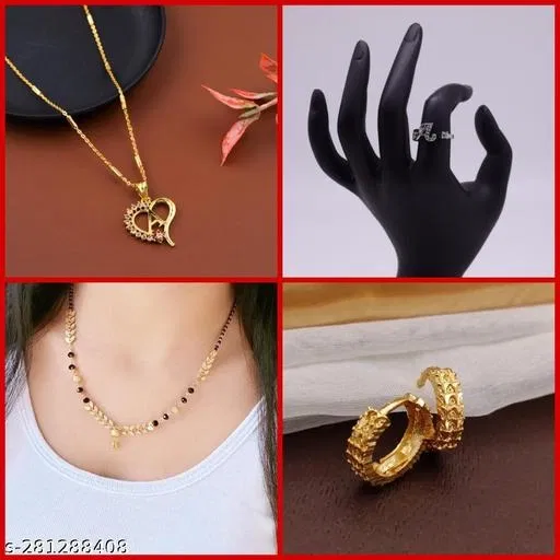 Combo of Alloy Mangalsutra, Pendant, Ring & 1 Pair Earrings for Women (Multicolor, Set of 4)