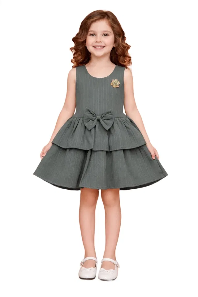 Printed Party Wear Dress for Girls (Grey, 5-6 Years)