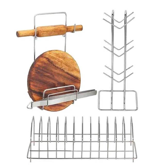 Stainless Steel Cup Stand & Plate Stand & Chakla Belan Stand For Kitchen (Set of 3) (OC-016)