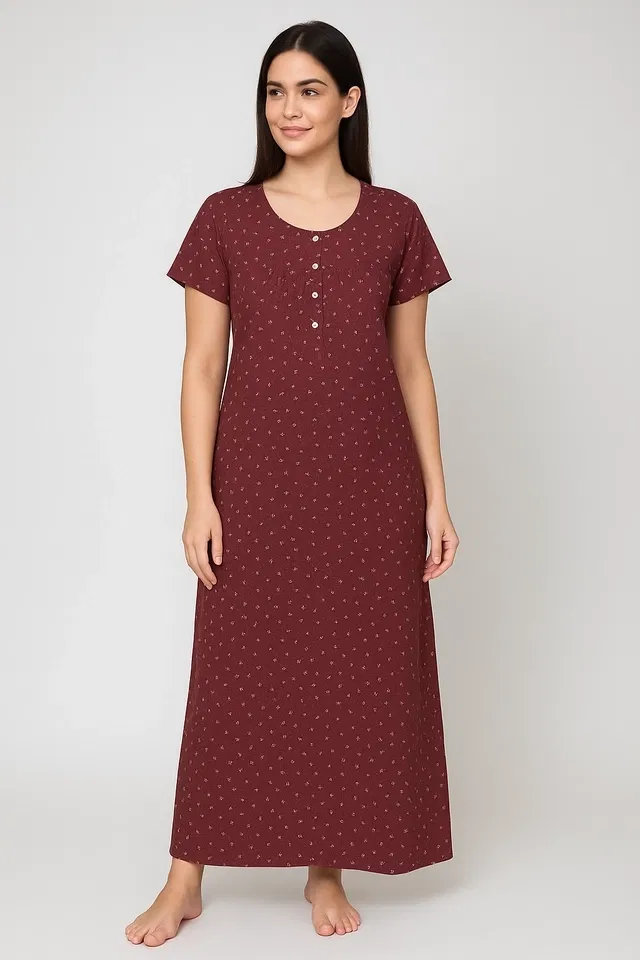 Womens Floral Printed Full Length Night Dress/Night Gown (Pack of 1)(Wine)-M