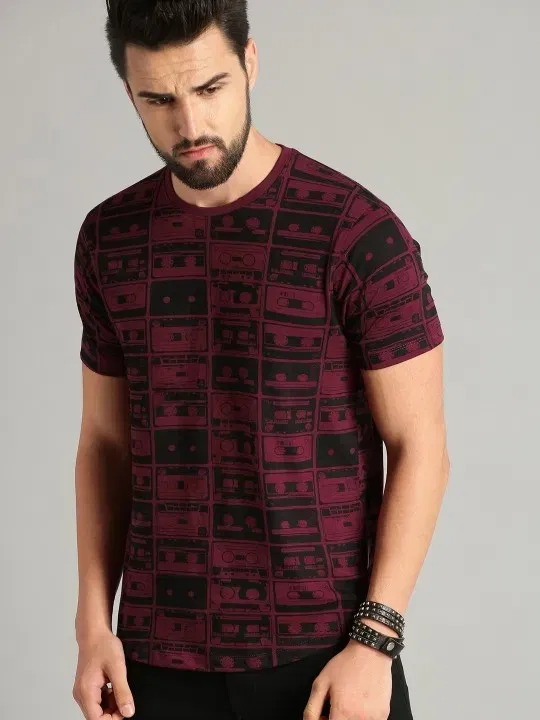 100% Cotton Round Neck Printed T-Shirt for Men (Maroon, XL)