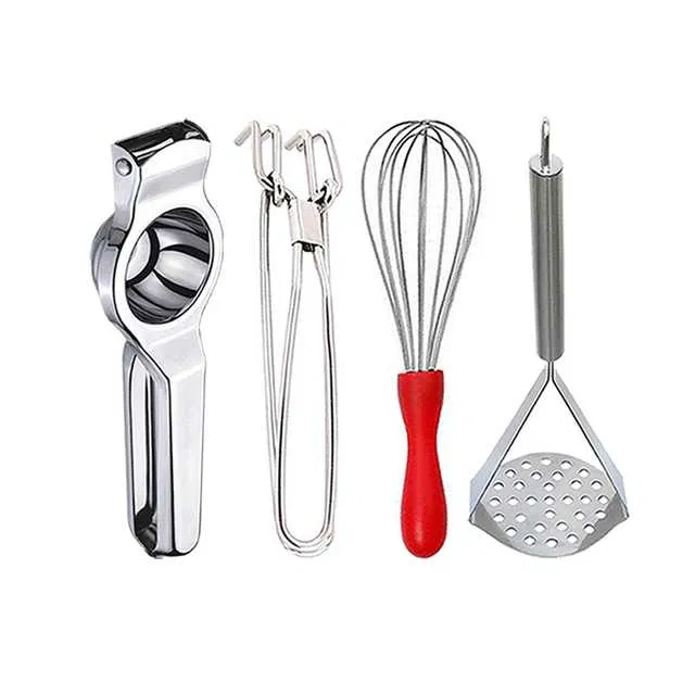 Stainless Steel Lemon Squeezer & Pakkad & Egg Whisk & Potato Masher For Kitchen (Set of 4) (OC-065)