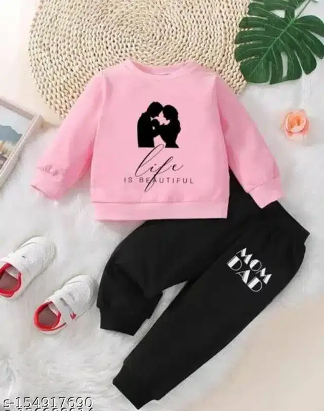 Hosiery Cotton Full Sleeves T-Shirt with Pant Clothing Set for Kids (Pink & Black, 3-6 Months)