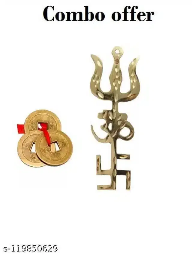 Trishakti Yantra Wall Hanging with Feng Shui Coins Showpieces (Gold, Set of 2)