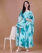 Crepe Printed Gown with Dupatta for Women (Aqua Blue, S)