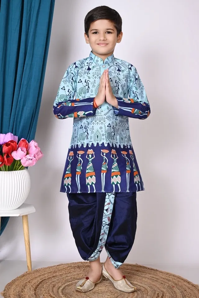 Dupion Silk Printed Kurta with Dhoti for Boys, Blue (8-9 Years)