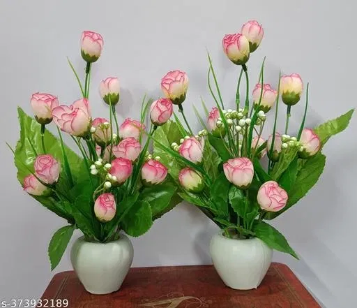 Plastic Artificial Flower With Pot,Multicolour,Set Of 2