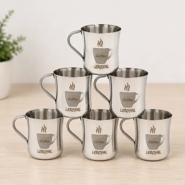 LEROYAL Stainless Steel Coffee Design Cup [Pack of 6, Silver]