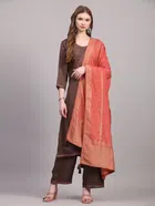 Cotton Embroidered Kurta with Pant & Dupatta for Women (Brown, S)