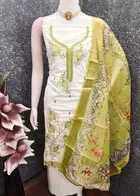 Cotton Silk Embellished Unstitched Suits Fabric for Women, White & Green