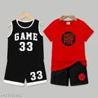 Cotton Blend Printed Clothing Set for Boys, Black & Red, Pack Of 2 