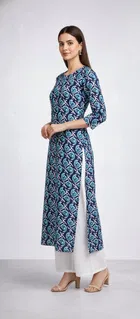Cotton Blend Printed Kurti for Women, Blue 