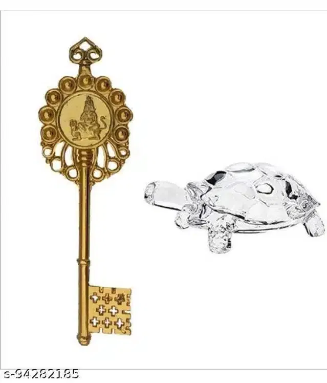 Shri Kuber Key with Crystal Turtle Showpiece for Pooja (Gold & Transparent, Set of 2)