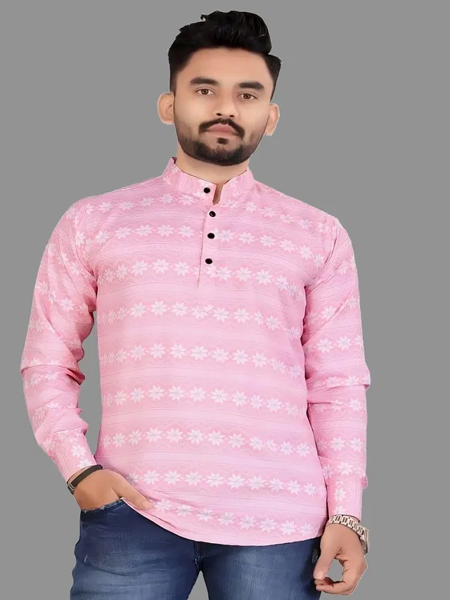 Cotton Blend Printed Kurta for Men (Pink, M)