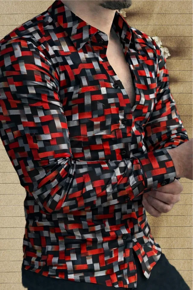 Lycra Geometric Print Shirt for Men, Red (L)