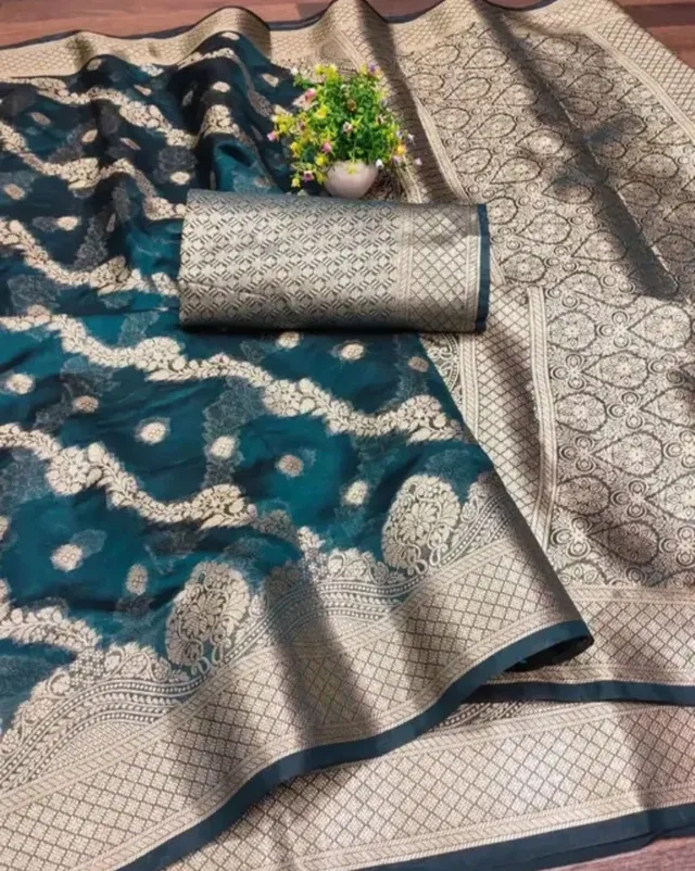 Organza Zari Woven Saree for Women (Teal, 6.3 m)