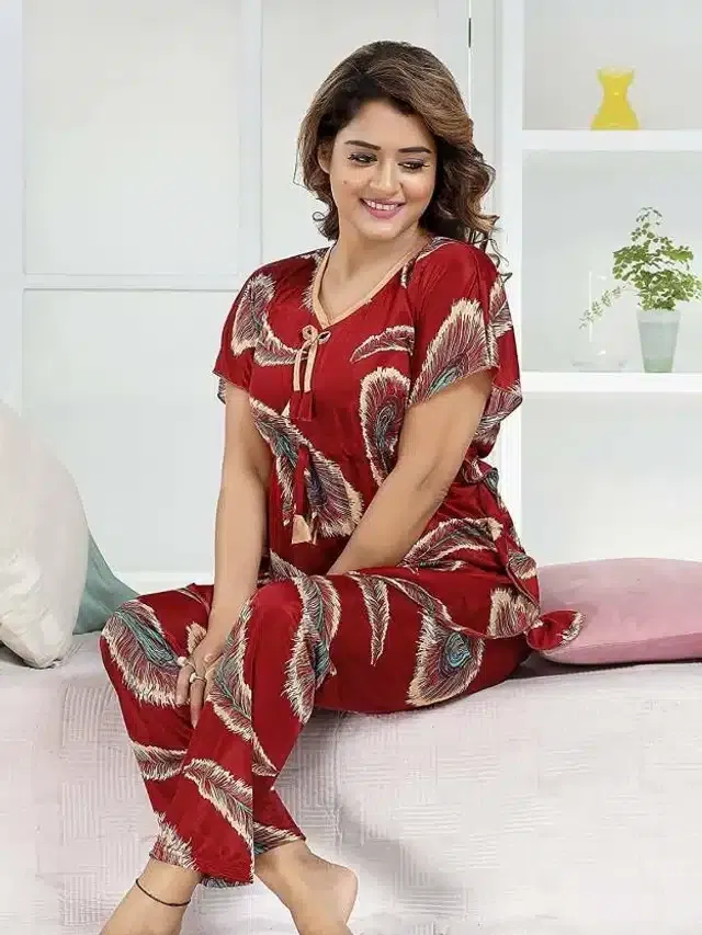Satin Printed Nightdress for Women (Red, Free Size)