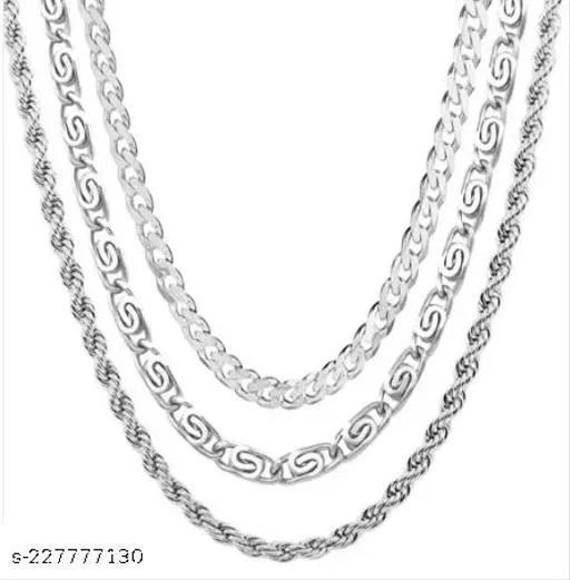 Silver Chain for Men (Silver, 22 inch, Pack of 3)